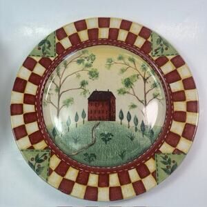 Thomson Pottery, Country Home Dinner Plate, Red/White Check Border, Houses VTG